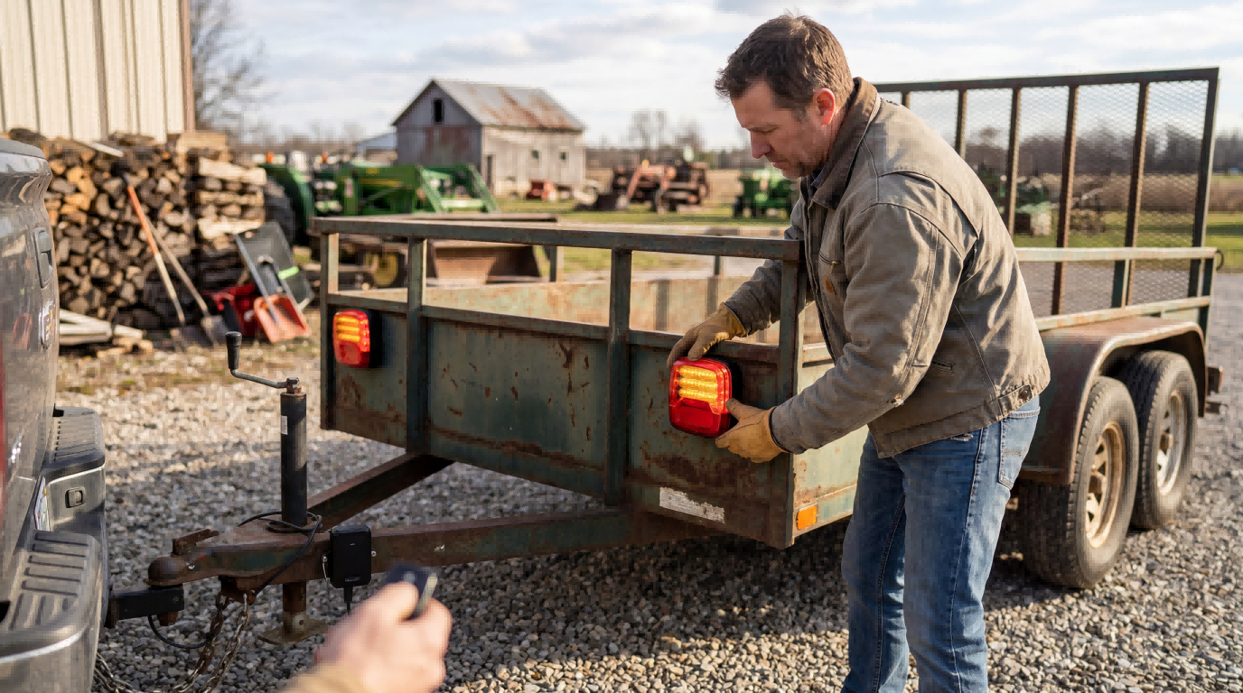 User attaching wireless magnetic trailer lights to a utility trailer for quick temporary towing visibility